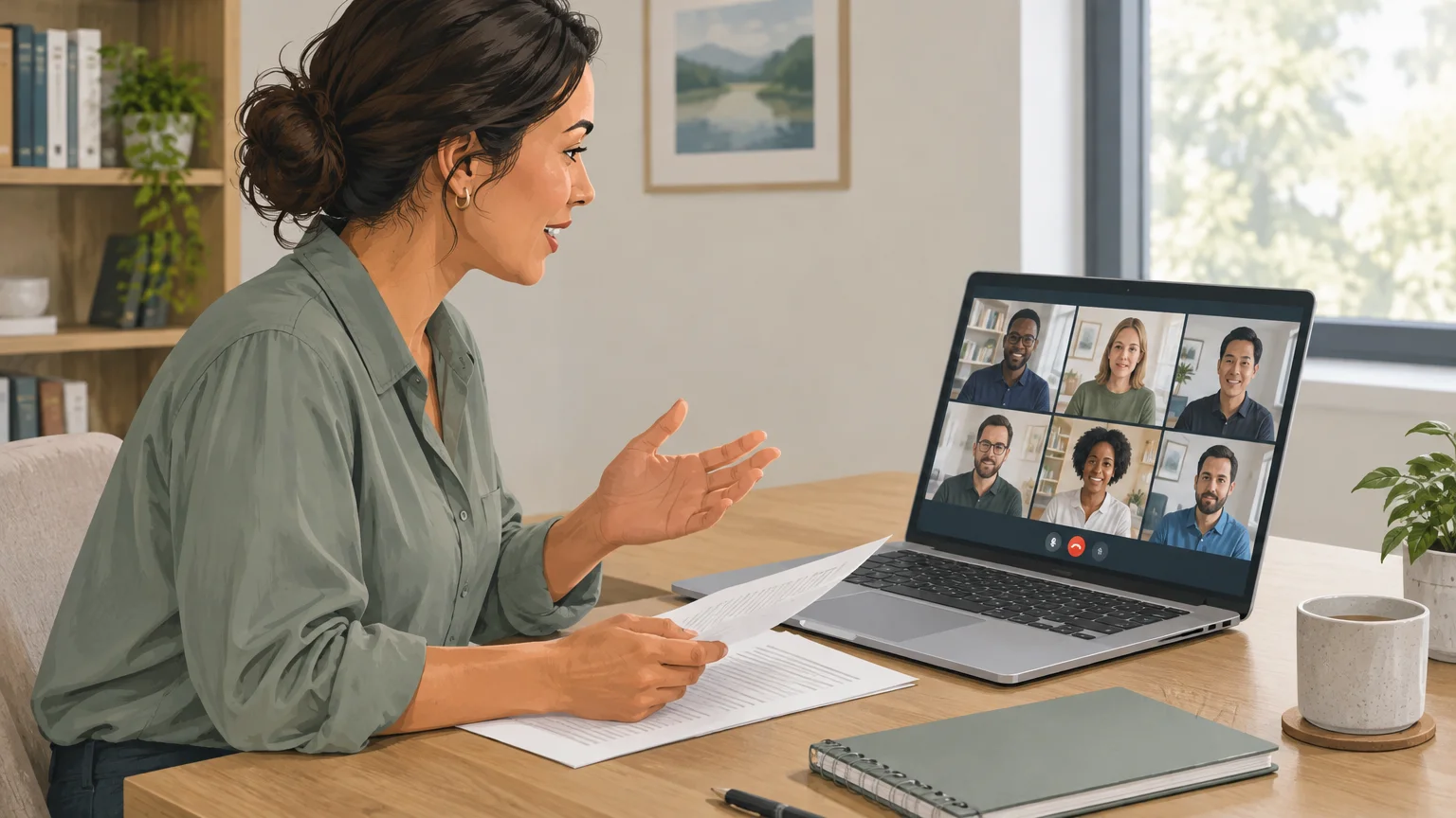 Founder hosting a remote growth-planning webinar from home
